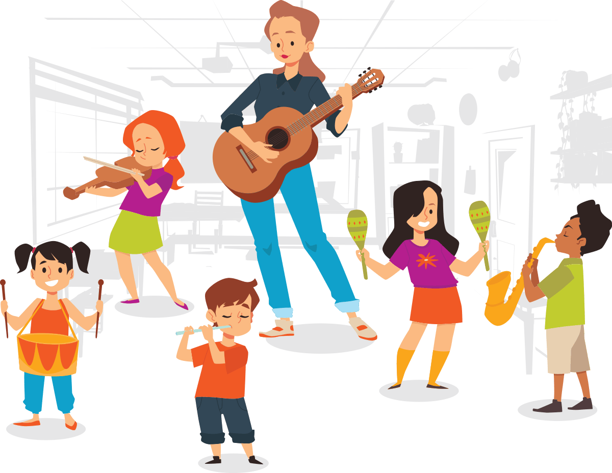 An illustration of a teacher playing guitar while 5 children play musical instruments