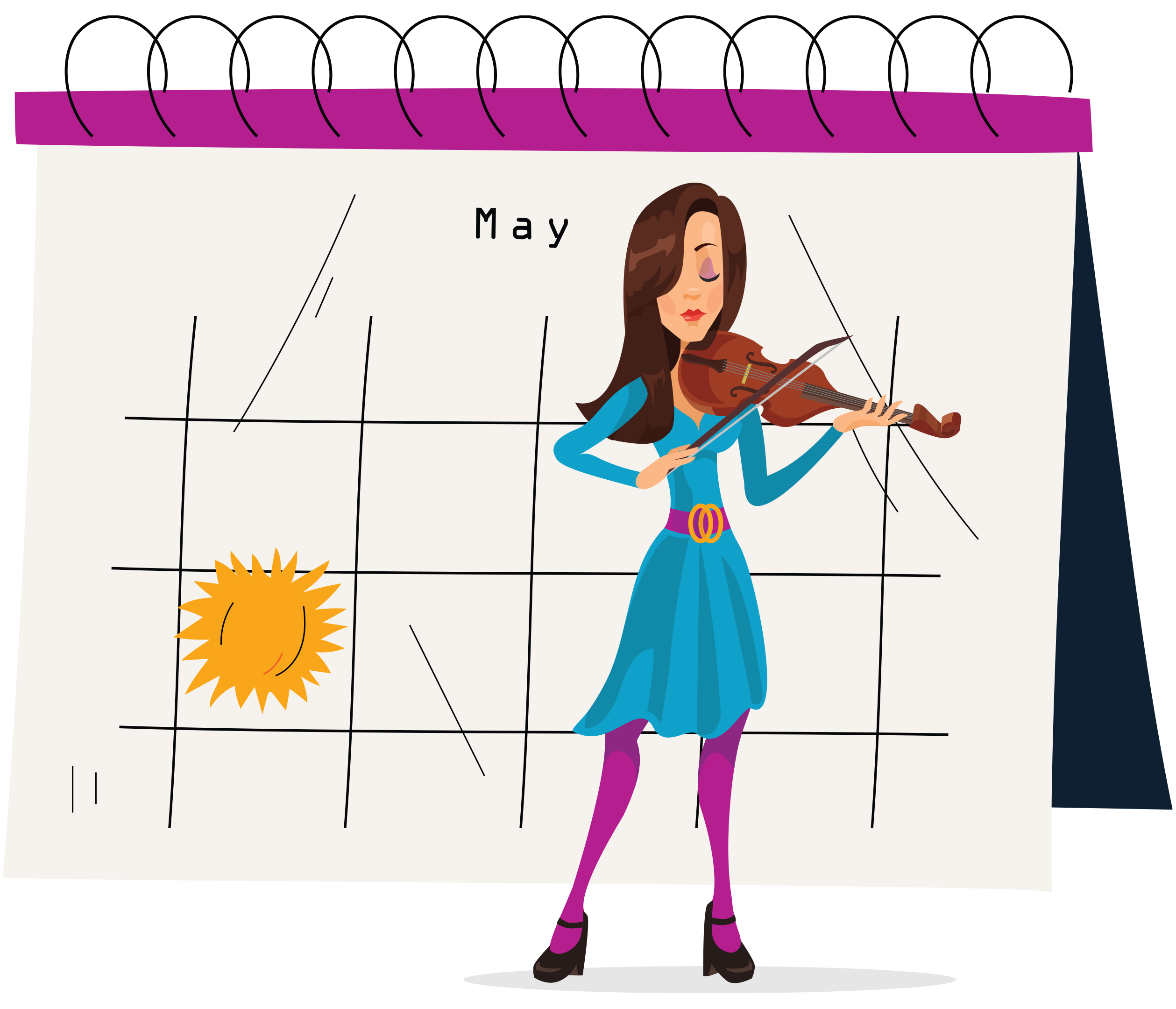 Illustration of woman playing the violin in front of an oversized desk calendar