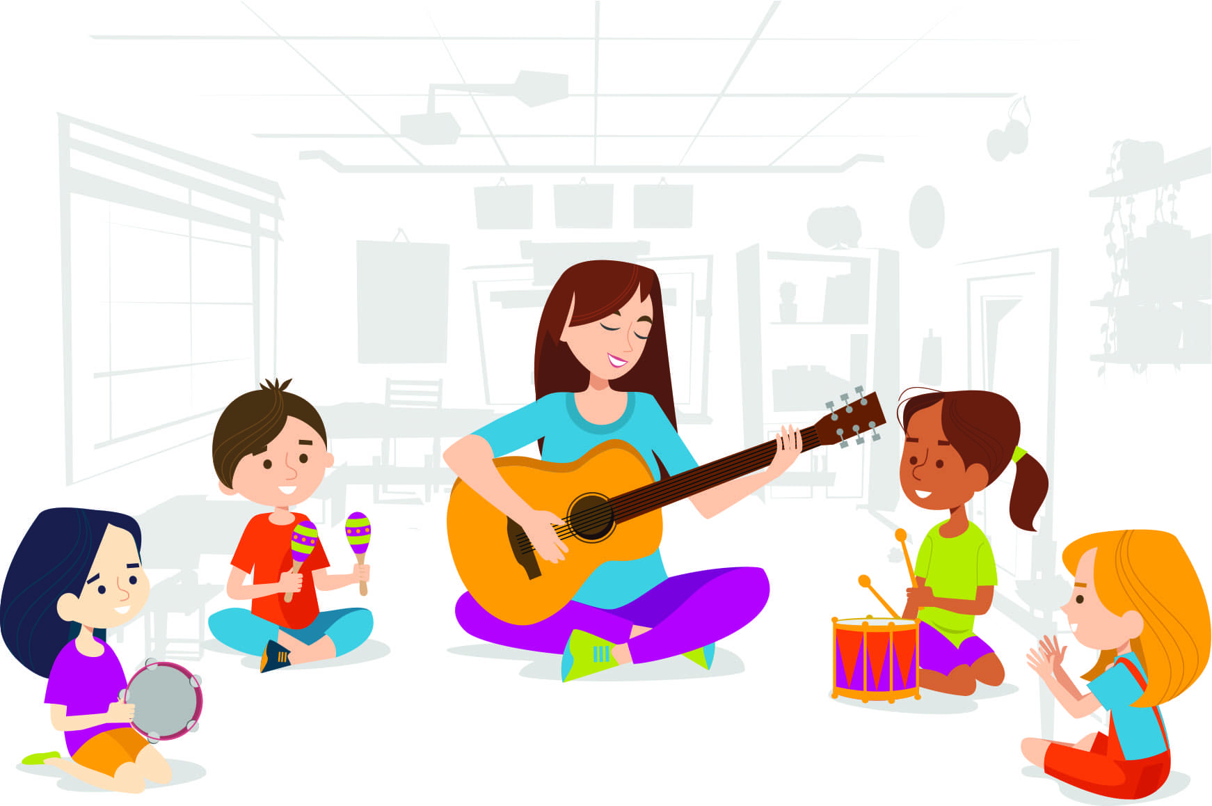 An illustration of a teacher playing guitar while 5 children play musical instruments