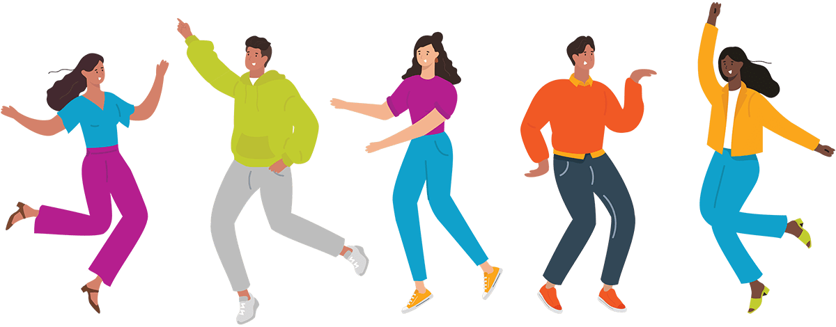 An illustration of 5 young people dancing