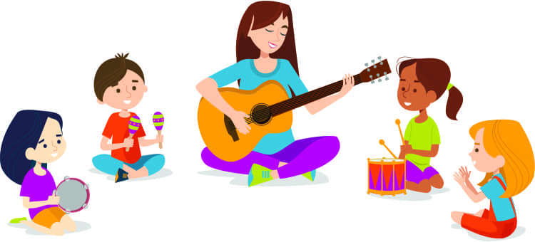 An illustration of a teacher playing guitar while 5 children play musical instruments